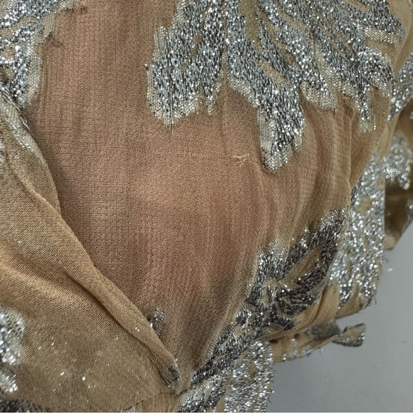 IRO Sheer V Neck Peplum Blouse Long Sleeve Beige Silver - Picture 7 of 8